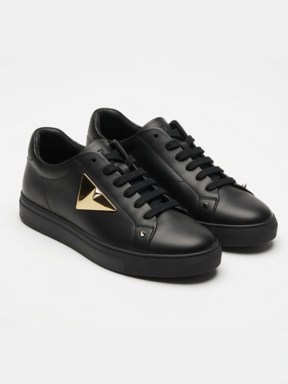Fendi Black Leather Low-Top Sneakers with Gold Triangle Detail